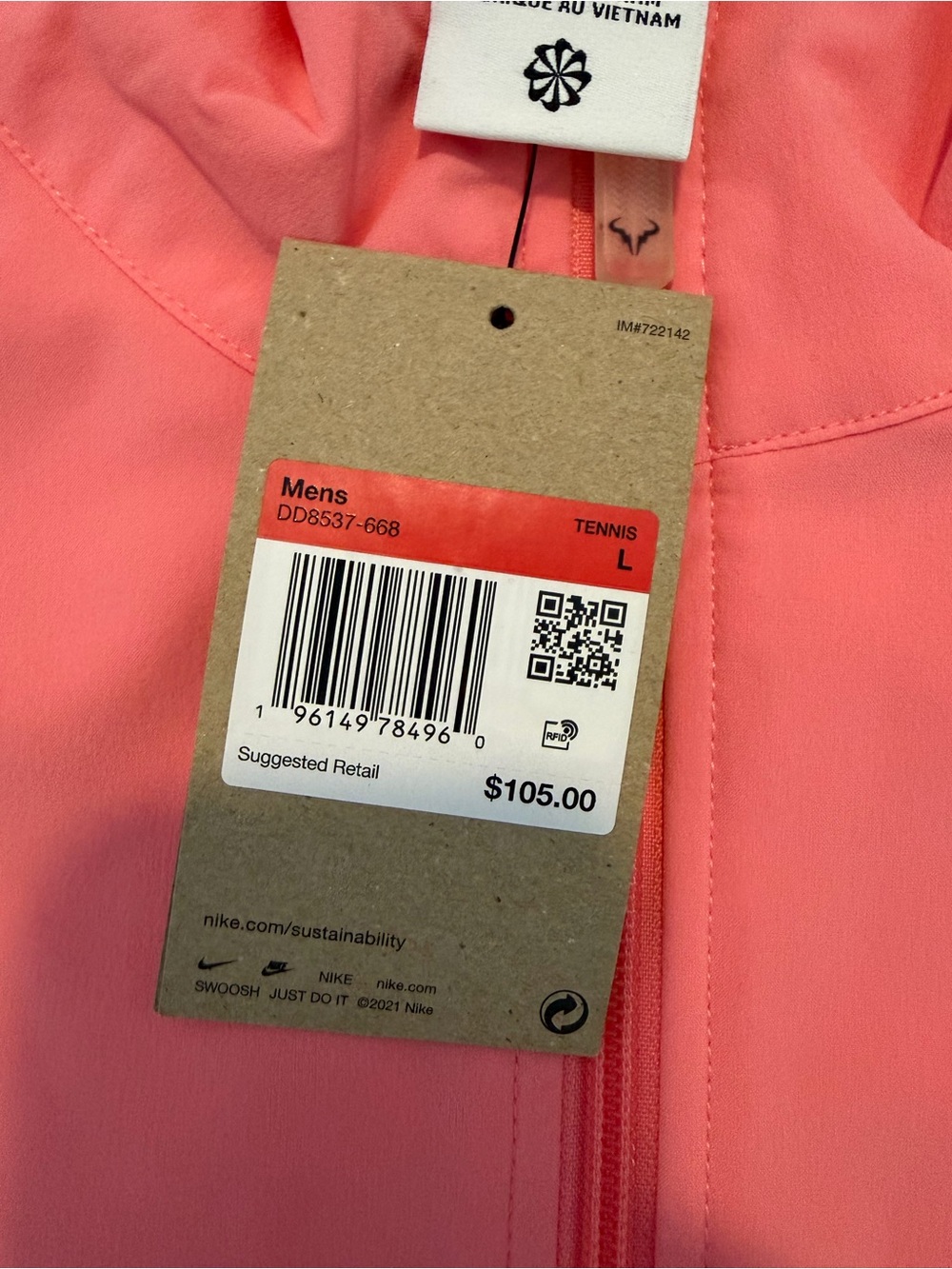 Nike Court Rafa Nadal Mens Dri-FIT Tennis Jacket Pink Full Zip Windbreaker NWT L - Picture 6 of 6